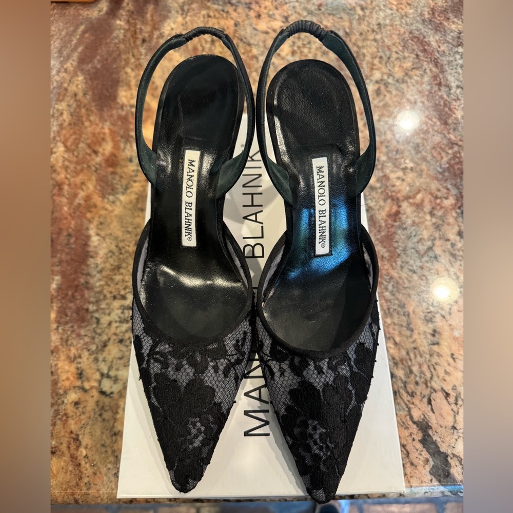 Manolo Blahnik Black Lace Slingback Heels